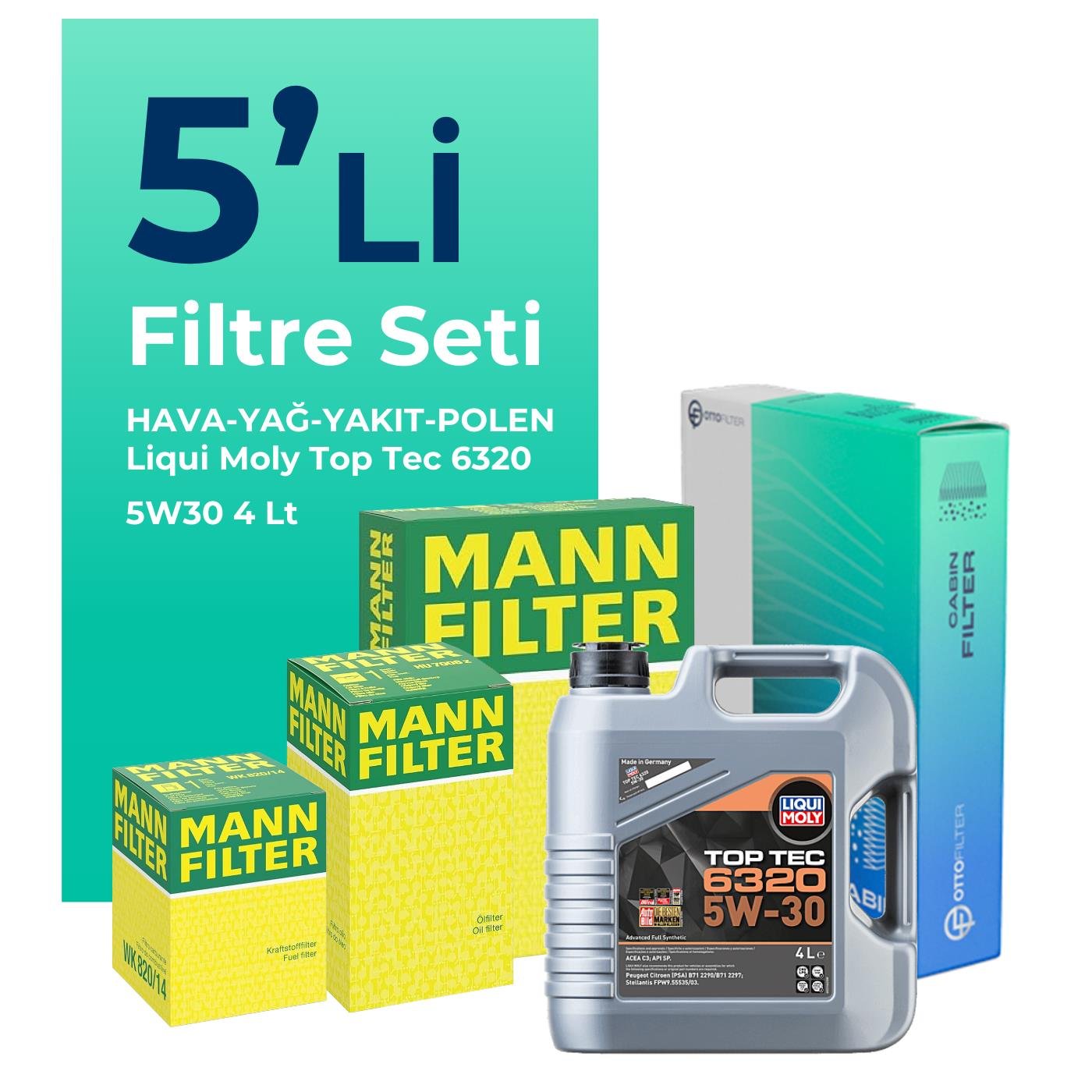 MANN Peugeot Partner 1.5 Dizel Filtre Bakım Seti Liqui Moly Top Tec 6320 5W-30 4 Litre Motor Yağlı (2019-2024) 5 Li