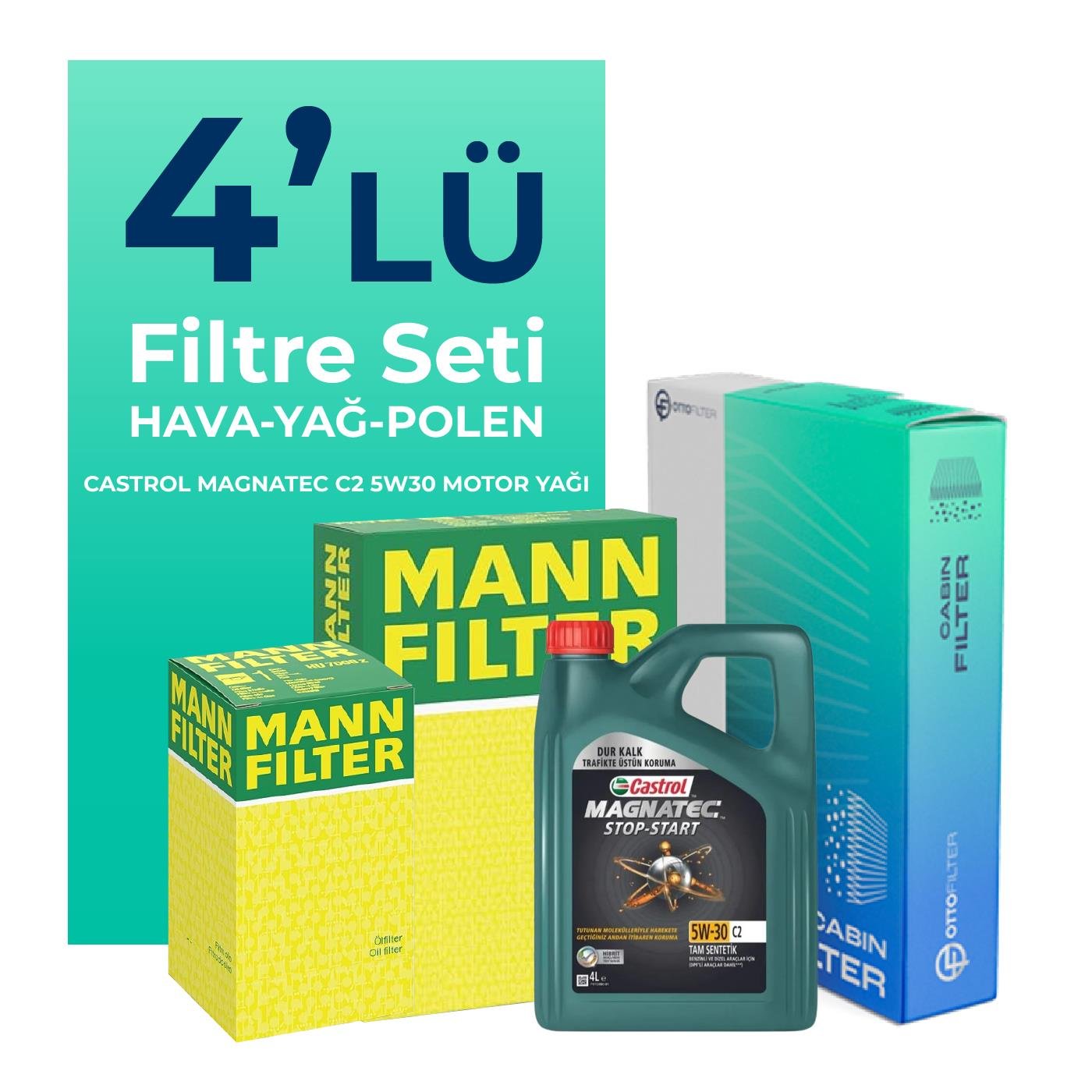 MANN Peugeot Partner 1.6 Dizel Filtre Bakım Seti Castrol Magnatec C2 5W-30 4 Litre Motor Yağlı (2010-2016) 4 Lü