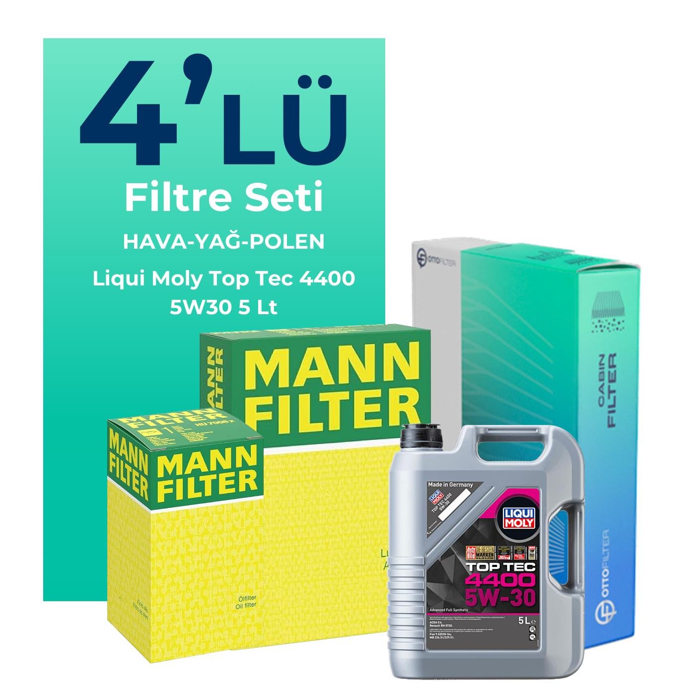 MANN Renault Captur 1.5 Dizel Filtre Bakım Seti Liqui Moly Top Tec 4400 5W-30 5 Litre Motor Yağlı (2013-2019) 4 Lü