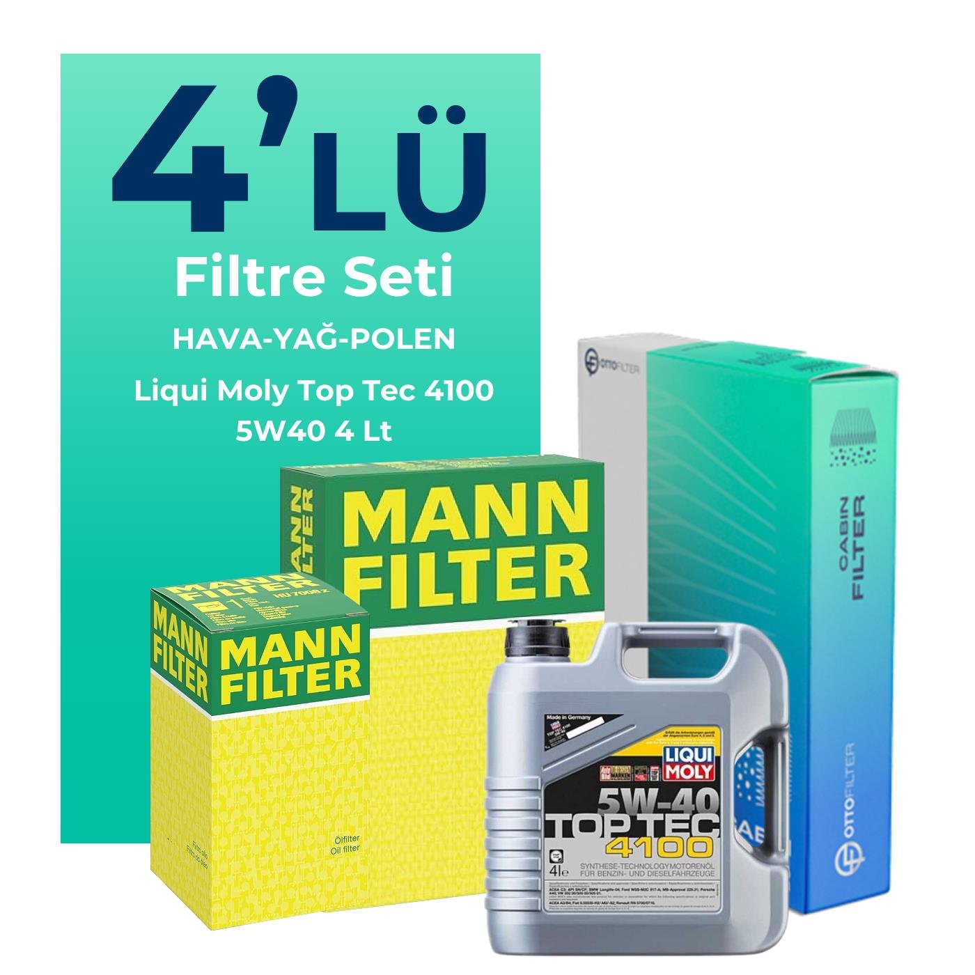 MANN Renault Clio 1.2 Benzin Filtre Bakım Seti Liqui Moly Top Tec 4100 5W-40 4 Litre Motor Yağlı (2014-2021) 4 Lü