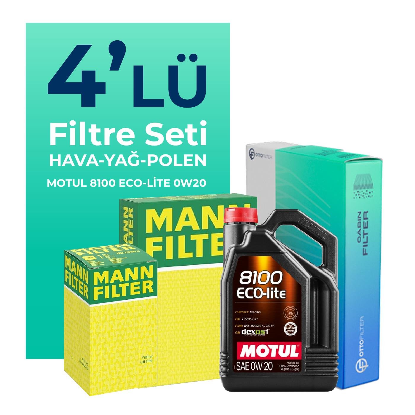 MANN Seat İbiza 1.0 90 HP Filtre Bakım Seti Motul 8100 Eco-Lite 0W-20 4 Litre Motor Yağlı (2018-2022) 4 Lü