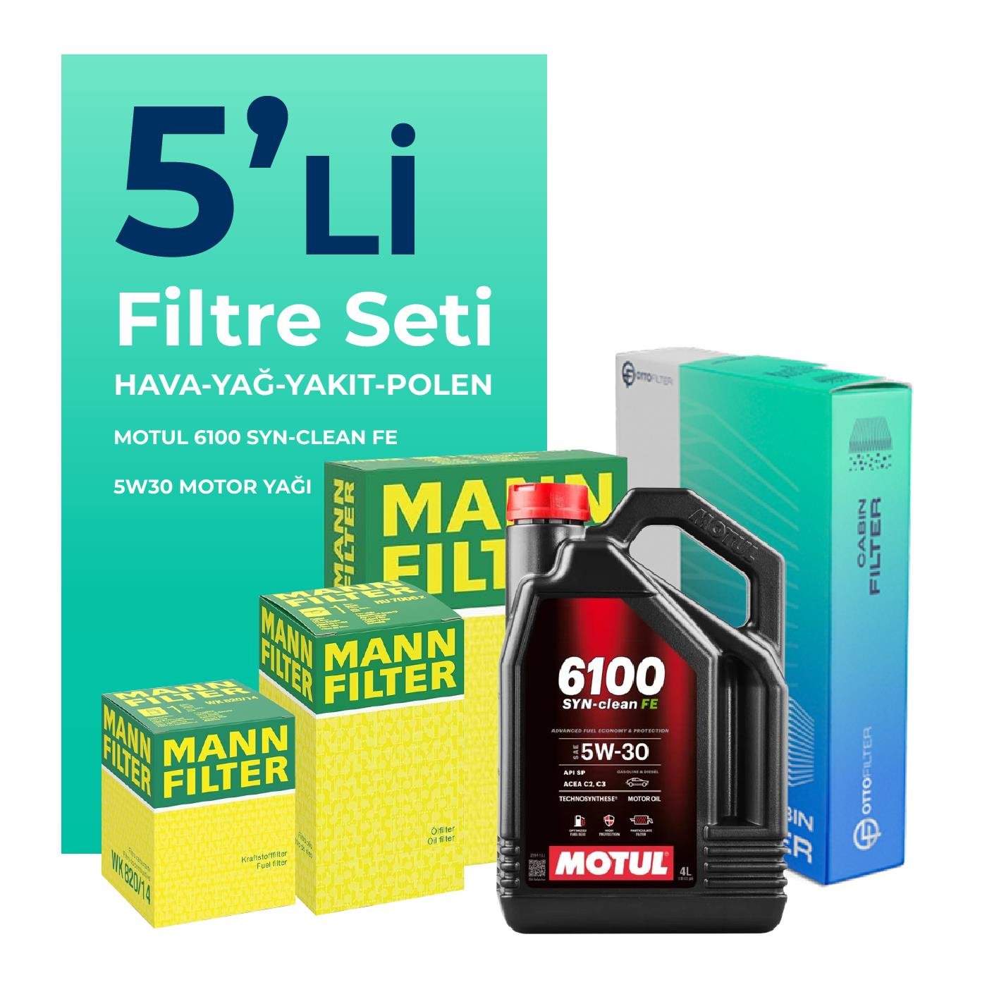 MANN Seat İbiza 1.2 Dizel Filtre Bakım Seti Motul 6100 Syn-Clean FE 5W-30 5 Litre Motor Yağlı (2010-2012) 5 Li