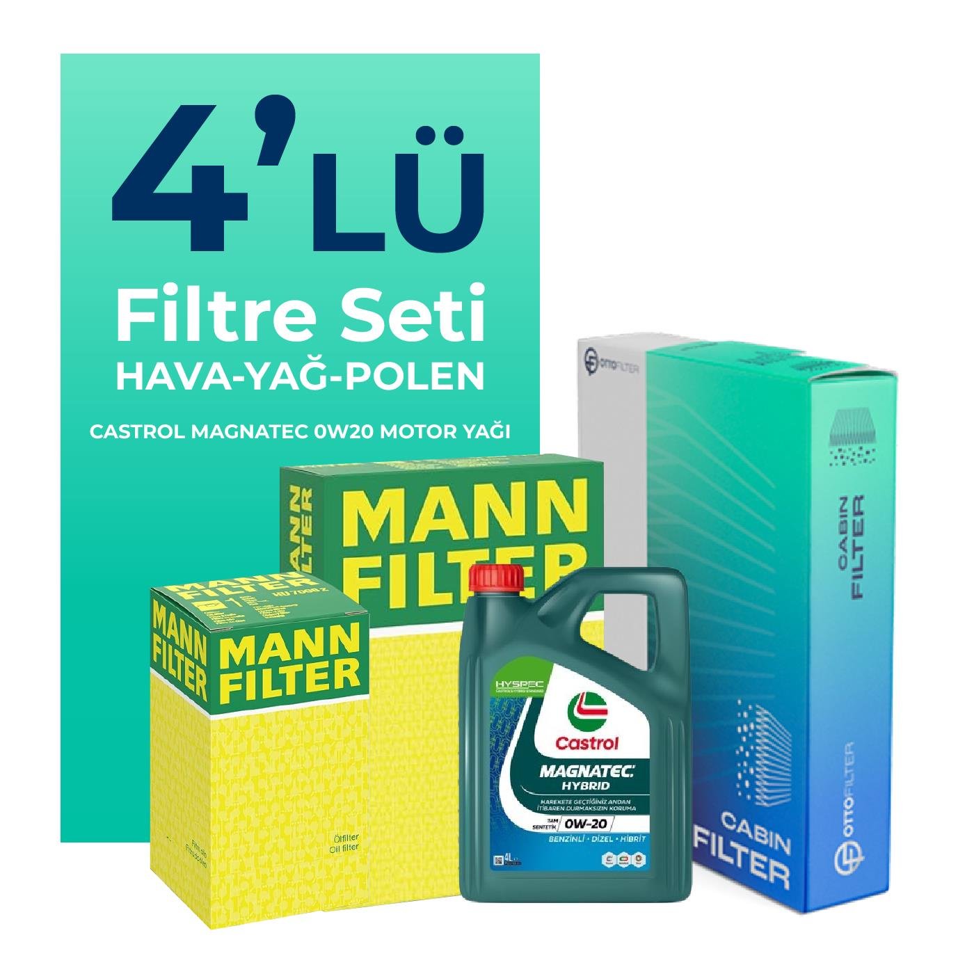 MANN Skoda Octavia 1.0 TSi Filtre Bakım Seti Castrol Magnatec 0W-20 4 Litre Motor Yağlı (2016-2020) 4 Lü