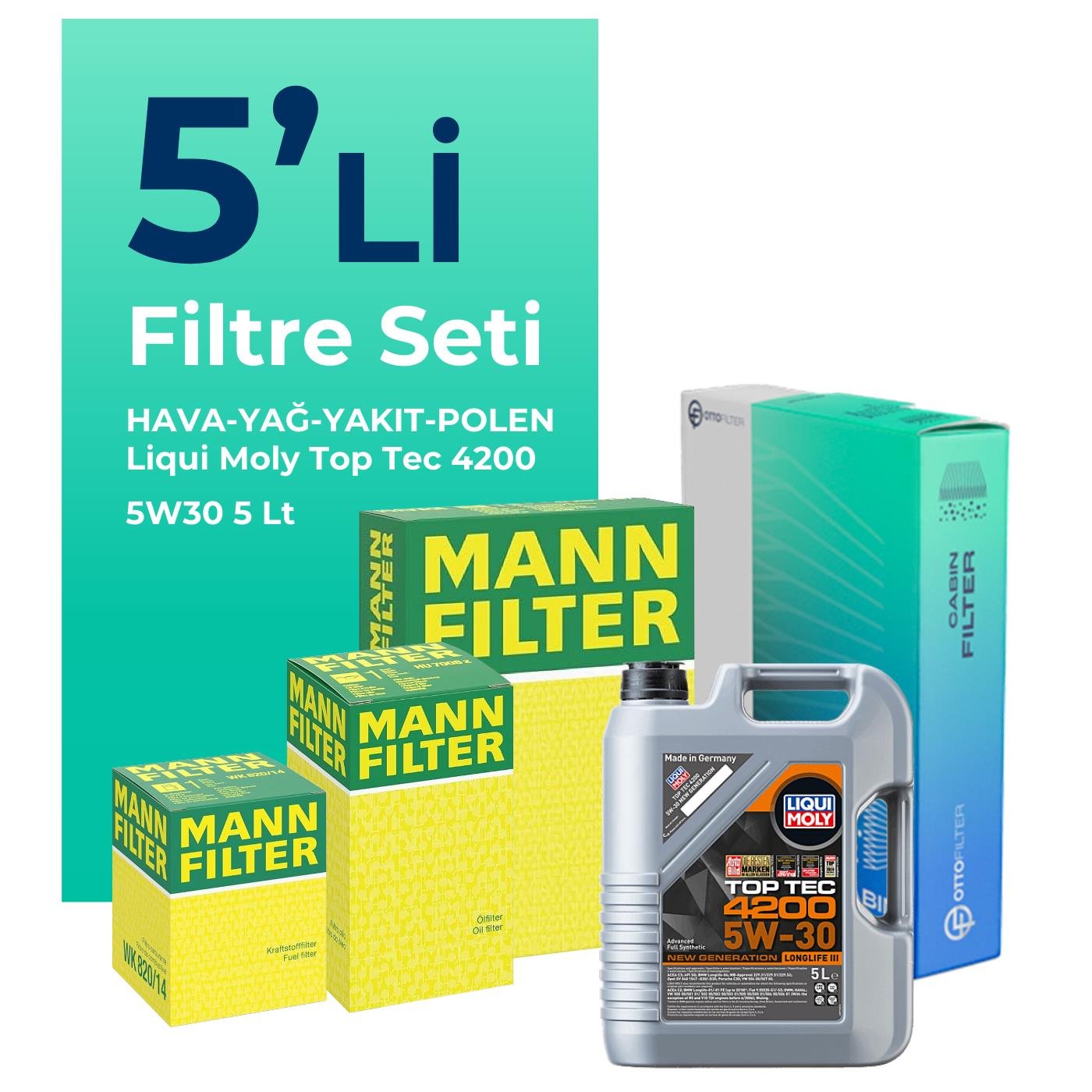 MANN Skoda Rapid 1.6 Dizel Filtre Bakım Seti Liqui Moly Motor Yağlı (2012-2015) 5 Li