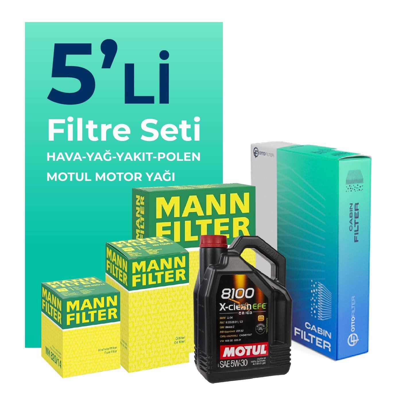 MANN Toyota Proace 1.5 Dizel Filtre Bakım Seti Motul 8100 X-Clean EFE 5W-30 4 Litre Motor Yağlı (2018-2025) 5 Li