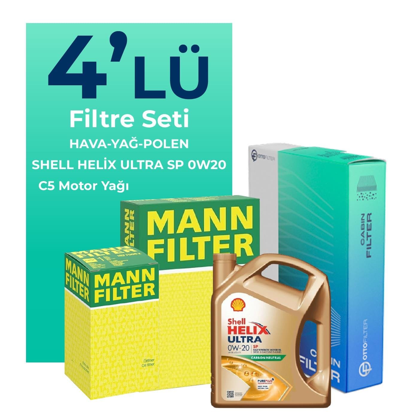 MANN Toyota Yaris 1.0 Filtre Bakım Seti Shell Helix Ultra SP 0W-20 4 Litre Motor Yağlı (2015-2020) 4 Lü