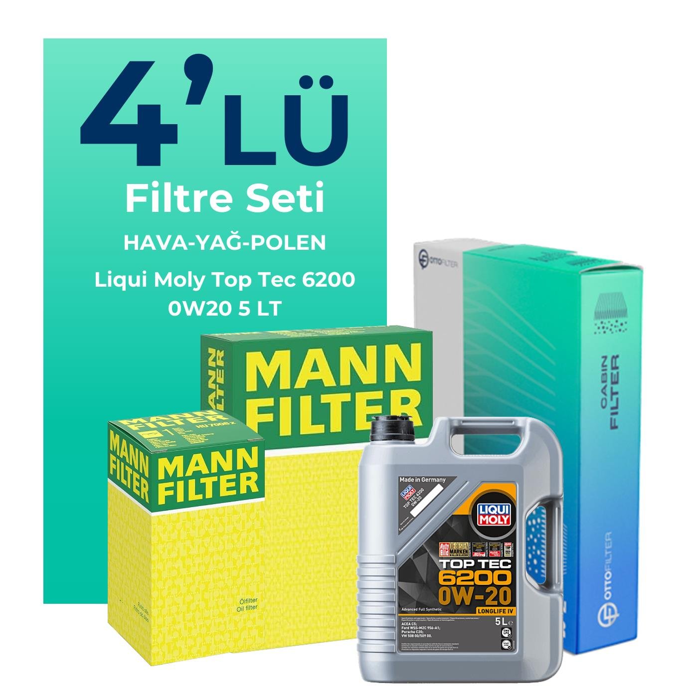 MANN Volkswagen Arteon 1.5 TSi Filtre Bakım Seti Liqui Moly Top Tec 6200 0W-20 5 Litre Motor Yağlı (2017-2019) 4 Lü