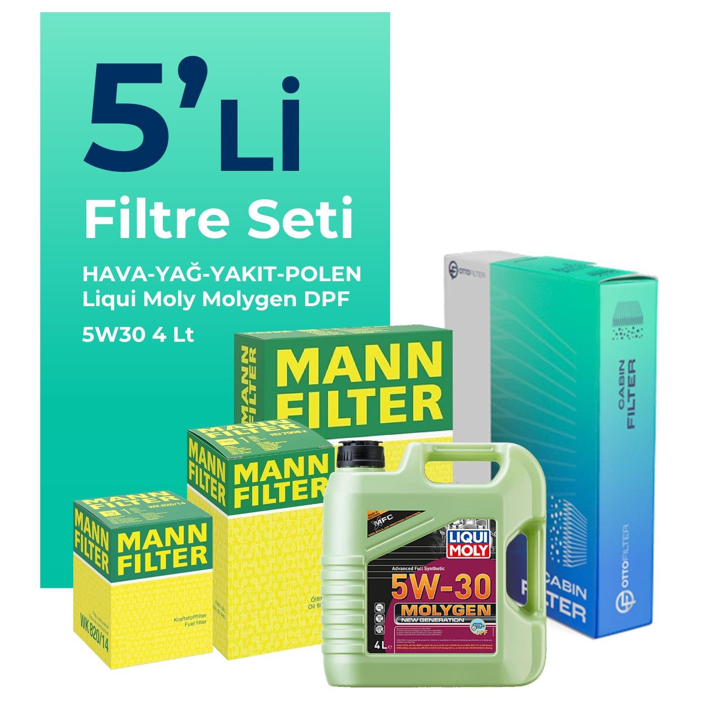 MANN Volvo S40 1.6 Dizel D2 Filtre Bakım Seti Liqui Moly Molygen New Generation DPF 5W-30 4 Litre Motor Yağlı (2011-2012) 5 Li