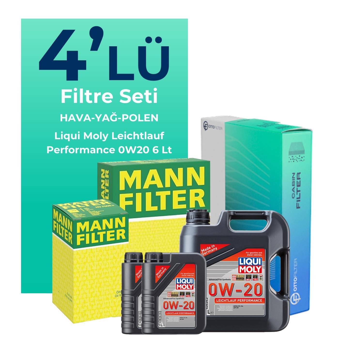 MANN Volvo XC40 1.5 Benzin Filtre Bakım Seti Liqui Moly Leichtlauf Performance 0W-20 6 Litre Motor Yağlı (2018-2023) 4 Lü